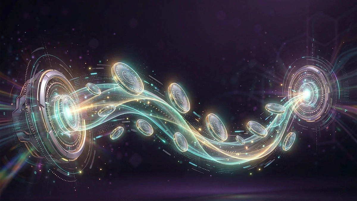 Glowing rings connected by curved streams of light